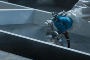 trabajador con guantes protectores pintando detalles de estructura industrial