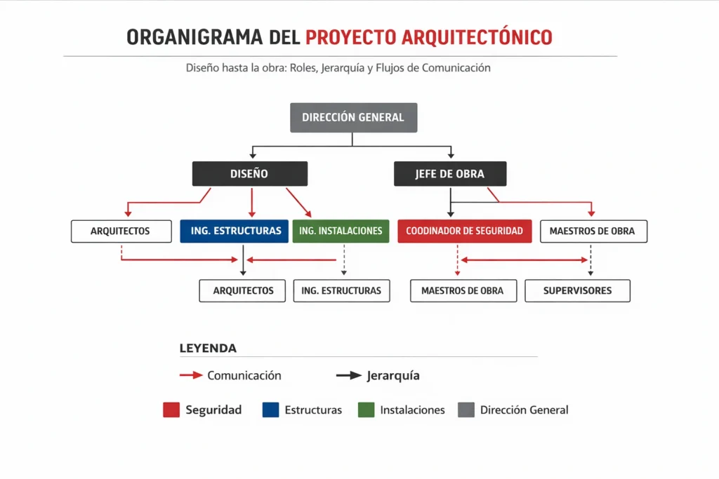 Ejemplo de organigrama de un proyecto arquitectónico con colores