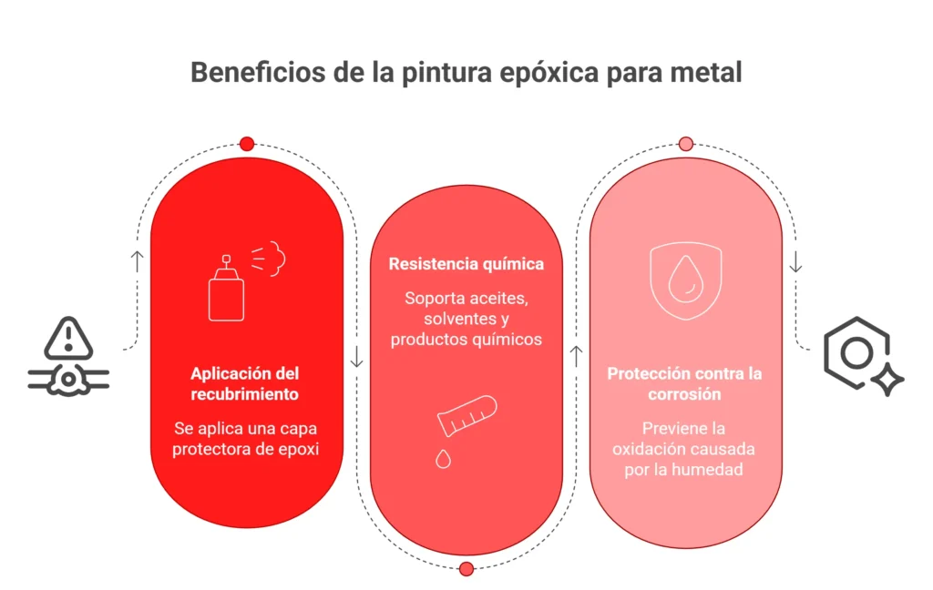 Infografía de beneficios de la pintura epóxica para metal con durabilidad y resistencia