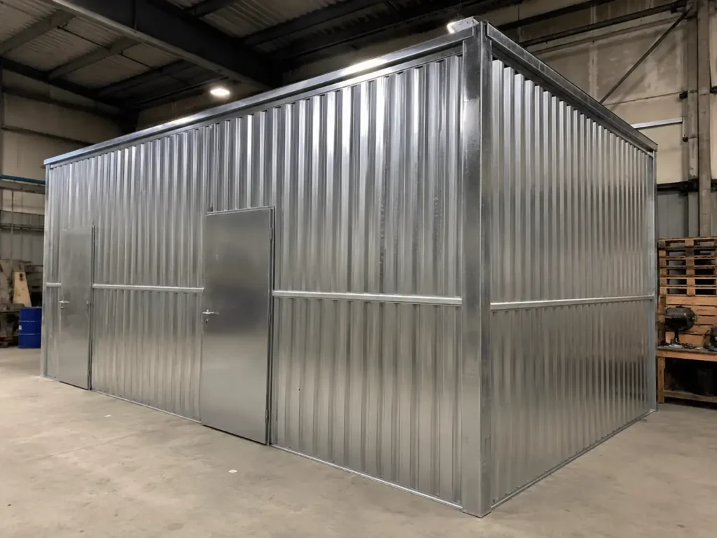Estructura de lámina galvanizada dentro de un galpón industrial con piso de concreto y entorno de almacén
