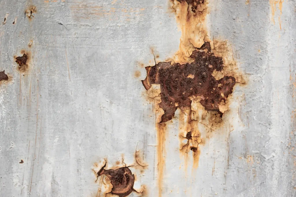 Superficie metálica oxidada con pintura que se desprende